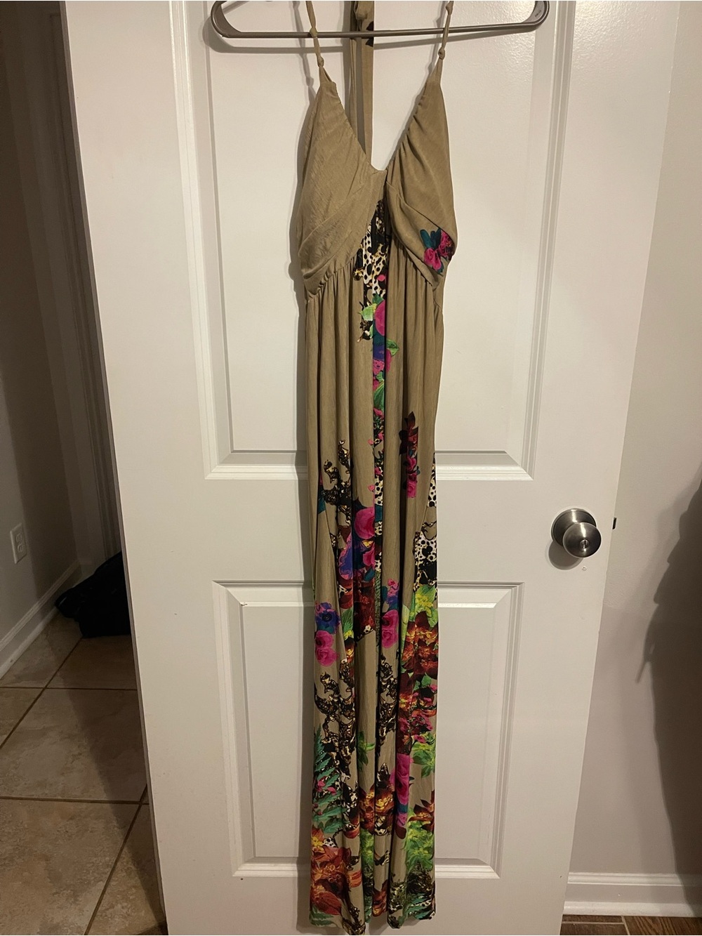 Floral-Panel Beige Maxi Dress with Spaghetti Straps